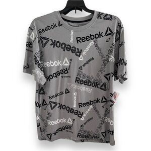 NWT Reebok Men’s All Over Logo Grey Graphic Short Sleeve T-Shirt Size XL